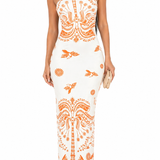 Vestido Glamour Clássico Bianca com Estampa Exclusiva Laranja
