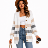 Cardigan Feminino Tricô Listrado Caramelo Soft