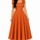 Vestido Midi Clássico Milena com Laços nos Ombros Laranja