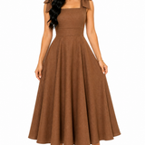 Vestido Midi Clássico Milena com Laços nos Ombros Marrom