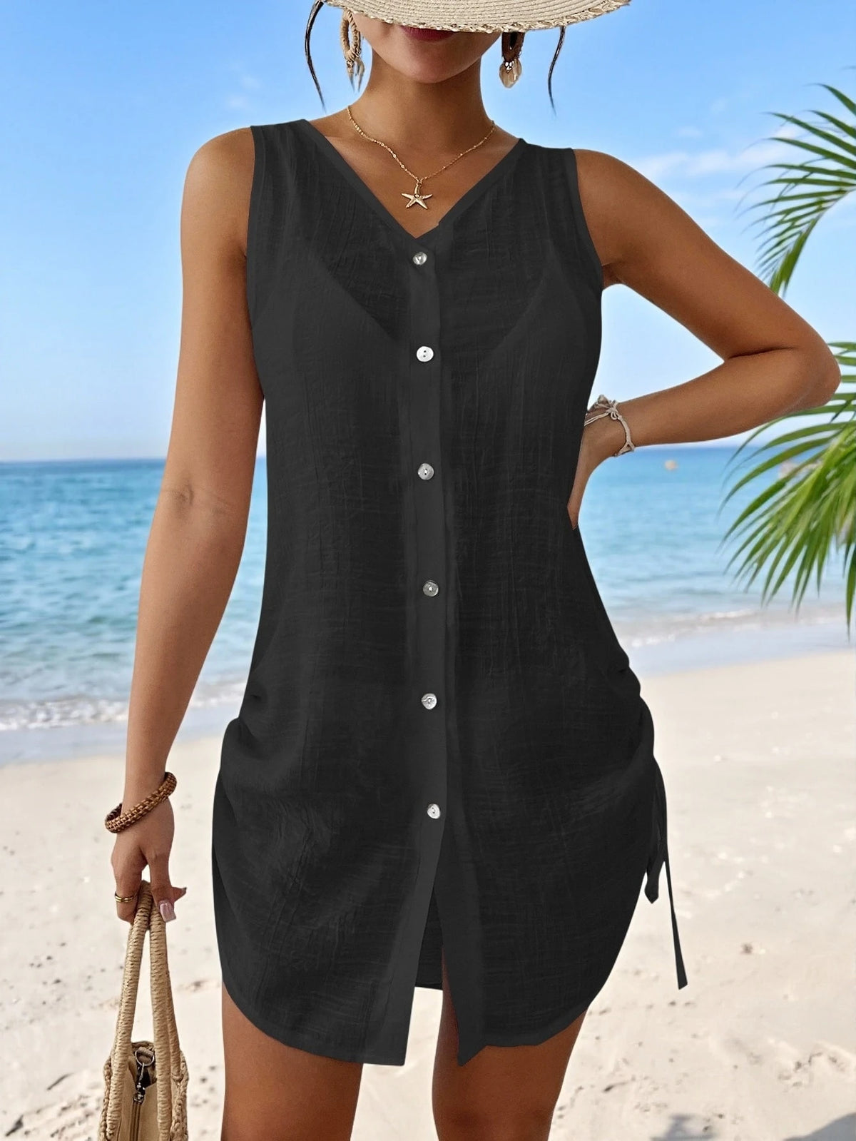 SHEIN Swim Vestido Kimono Feminino de Cor Sólida, Decote em V, Monopeito, Sem Mangas
