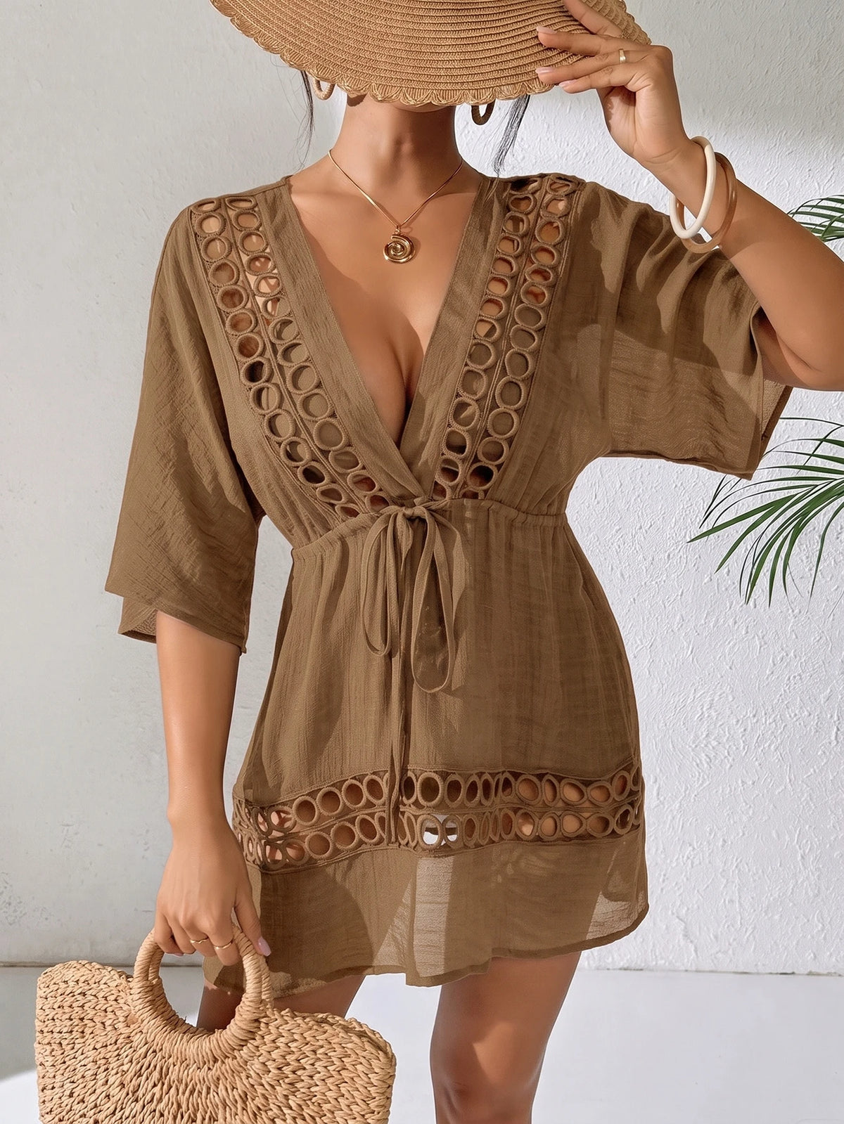SHEIN Swim Capa Casual com Decote em V Profundo Preto Feminina, Primavera/Verão