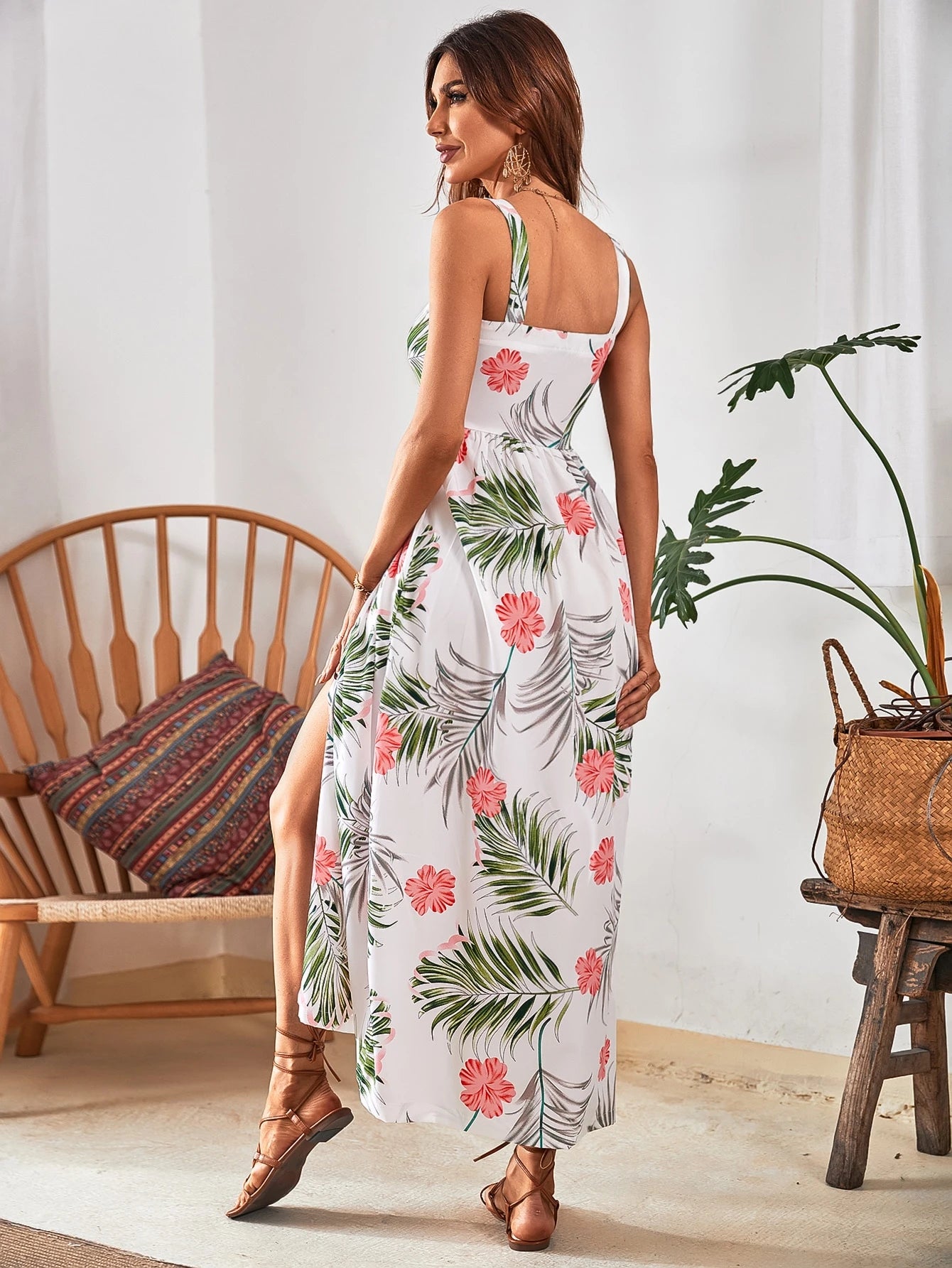 Breezaya Vestido Longo Camiseta Frontal com Botões, Estampa Tropical, Roupa de Praia de Férias para Mulheres