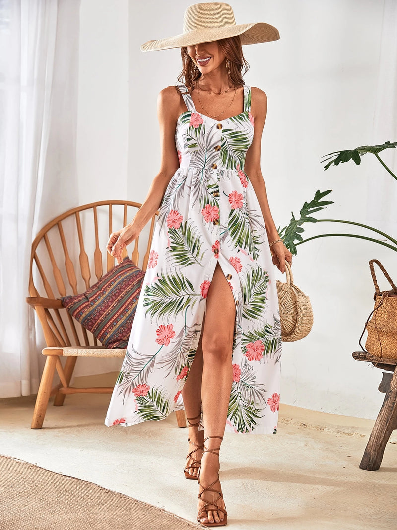 Breezaya Vestido Longo Camiseta Frontal com Botões, Estampa Tropical, Roupa de Praia de Férias para Mulheres