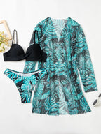 SHEIN Swim 3 conjuntos de Maiô Bikini Push Up com Estampa de Plantas e Kimono para o Verão na Praia