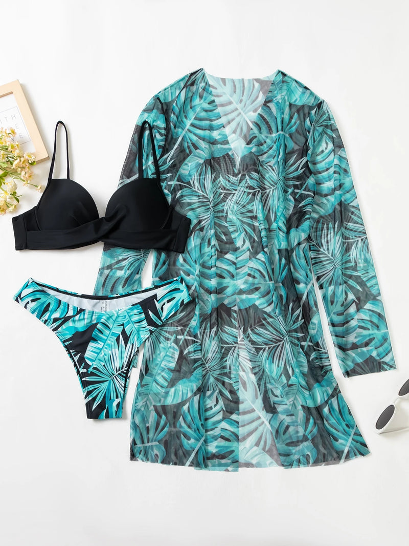 SHEIN Swim 3 conjuntos de Maiô Bikini Push Up com Estampa de Plantas e Kimono para o Verão na Praia
