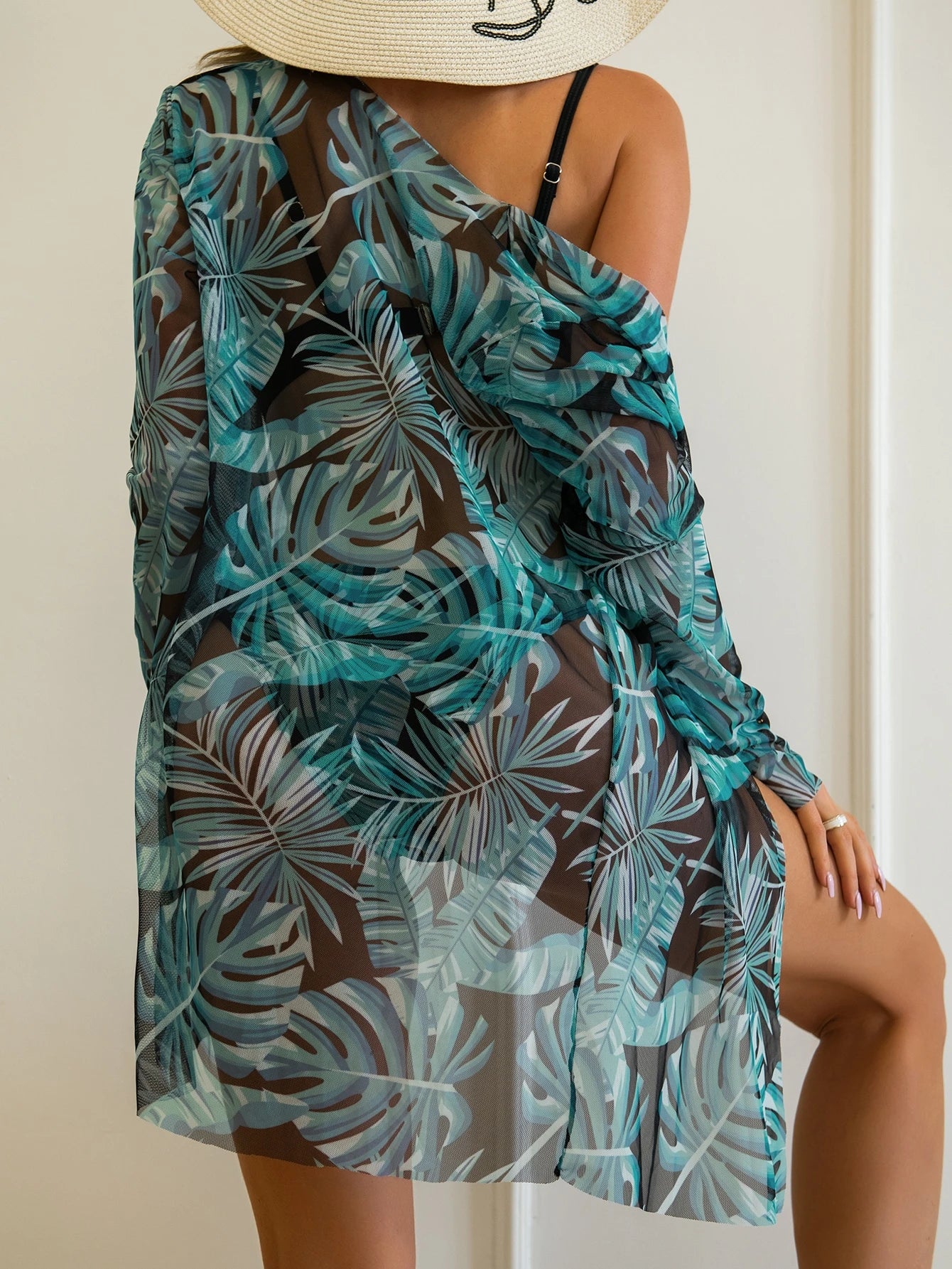 SHEIN Swim 3 conjuntos de Maiô Bikini Push Up com Estampa de Plantas e Kimono para o Verão na Praia