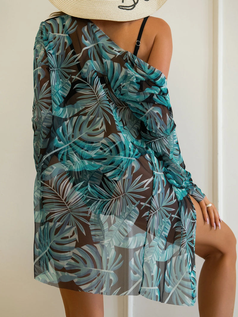 SHEIN Swim 3 conjuntos de Maiô Bikini Push Up com Estampa de Plantas e Kimono para o Verão na Praia