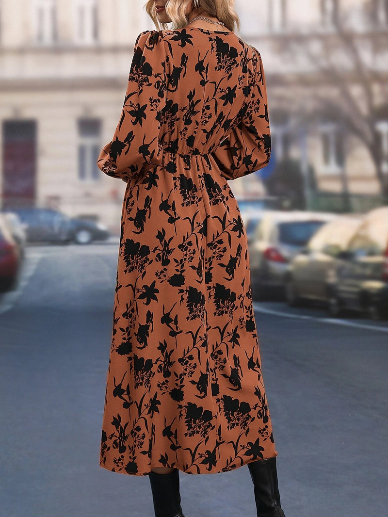 SHEIN LUNE Vestido Longo Feminino com Estampa Floral All Over, Manga Bispo e Fenda na Coxa