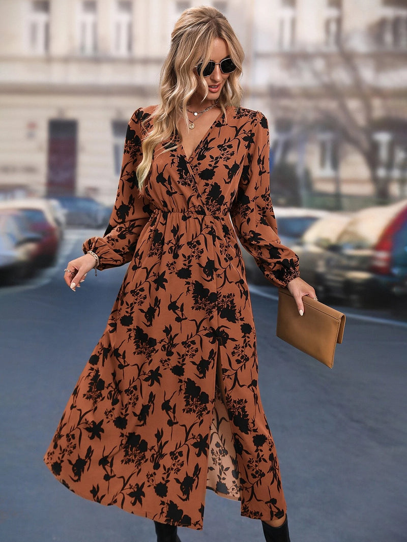 SHEIN LUNE Vestido Longo Feminino com Estampa Floral All Over, Manga Bispo e Fenda na Coxa