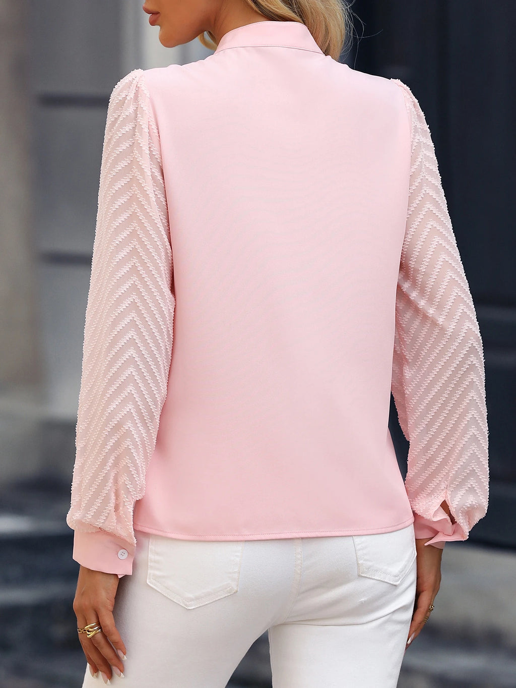 EMERY ROSE Blusa com Manga Bispo de Pescoço Entalhado Sólido, Tops de Manga Longa