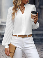 EMERY ROSE Blusa com Manga Bispo de Pescoço Entalhado Sólido, Tops de Manga Longa