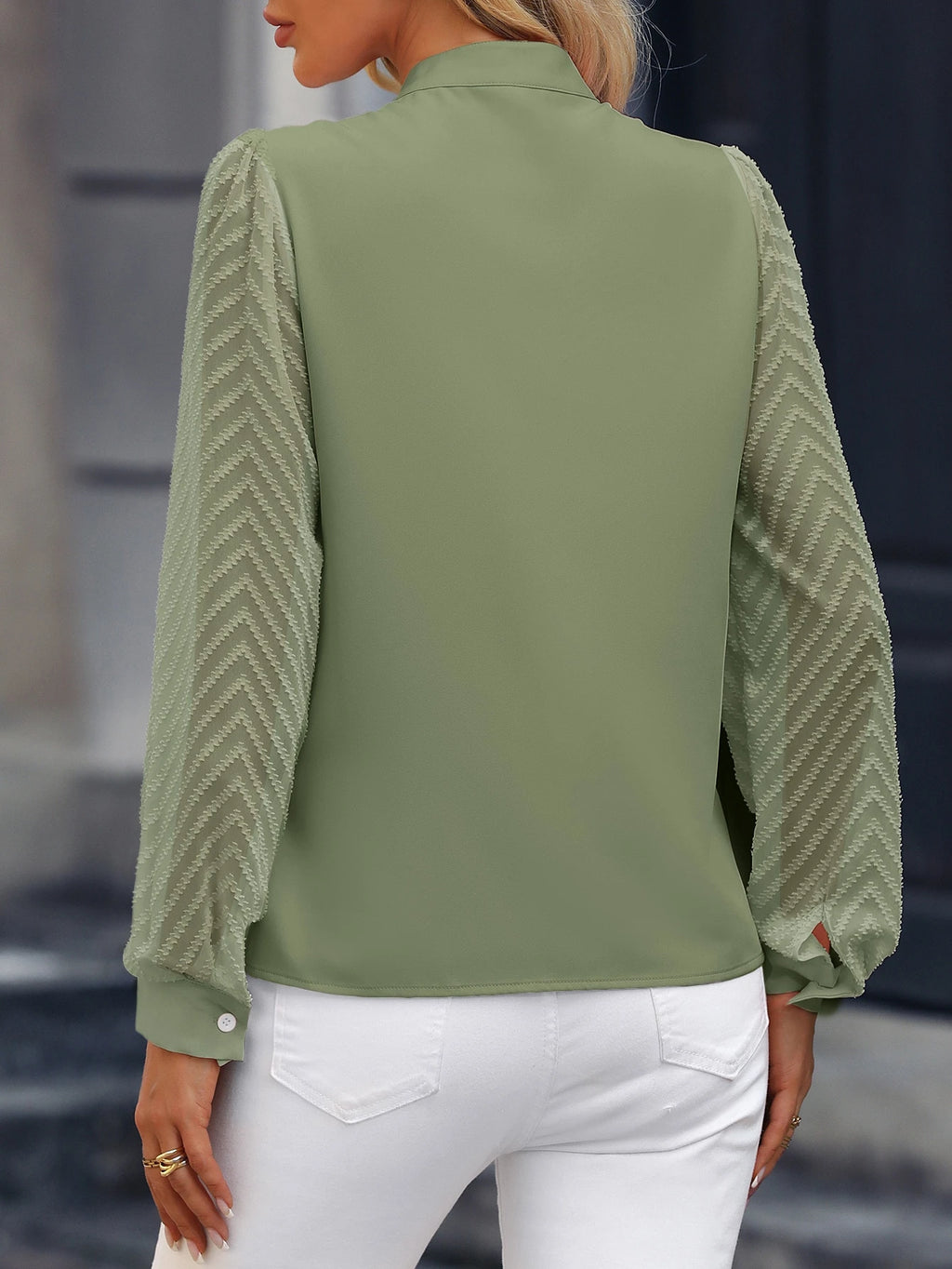 EMERY ROSE Blusa com Manga Bispo de Pescoço Entalhado Sólido, Tops de Manga Longa