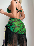 SHEIN Swim Conjunto de Maiô Bikini Push Up com Estampa Tropical de Praia e Saia de Praia, Halloween