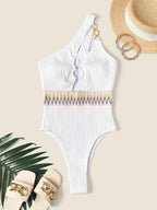 Swim Vcay Fato de banho de uma peça chevron tipo anel vinculado um ombro cortar fora