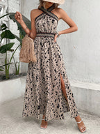 Breezaya Vestido Longo de Férias na Praia para Mulheres com Estampa All-Over, Pescoço Halter com Entrançado, Fenda na Coxa