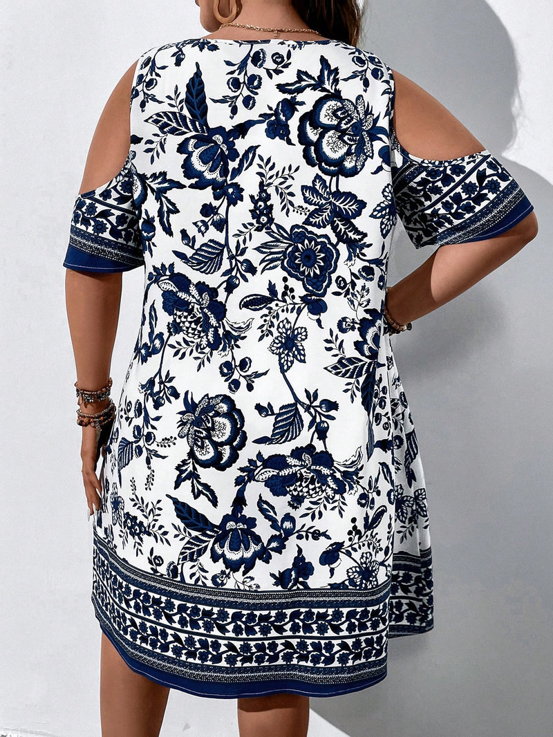 SHEIN LUNE Vestido de Ombro Frio com Estampa Floral, Verão