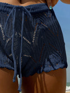 Swim Vcay Shorts de coberturas escavar cintura com cordão guarnição de vieira