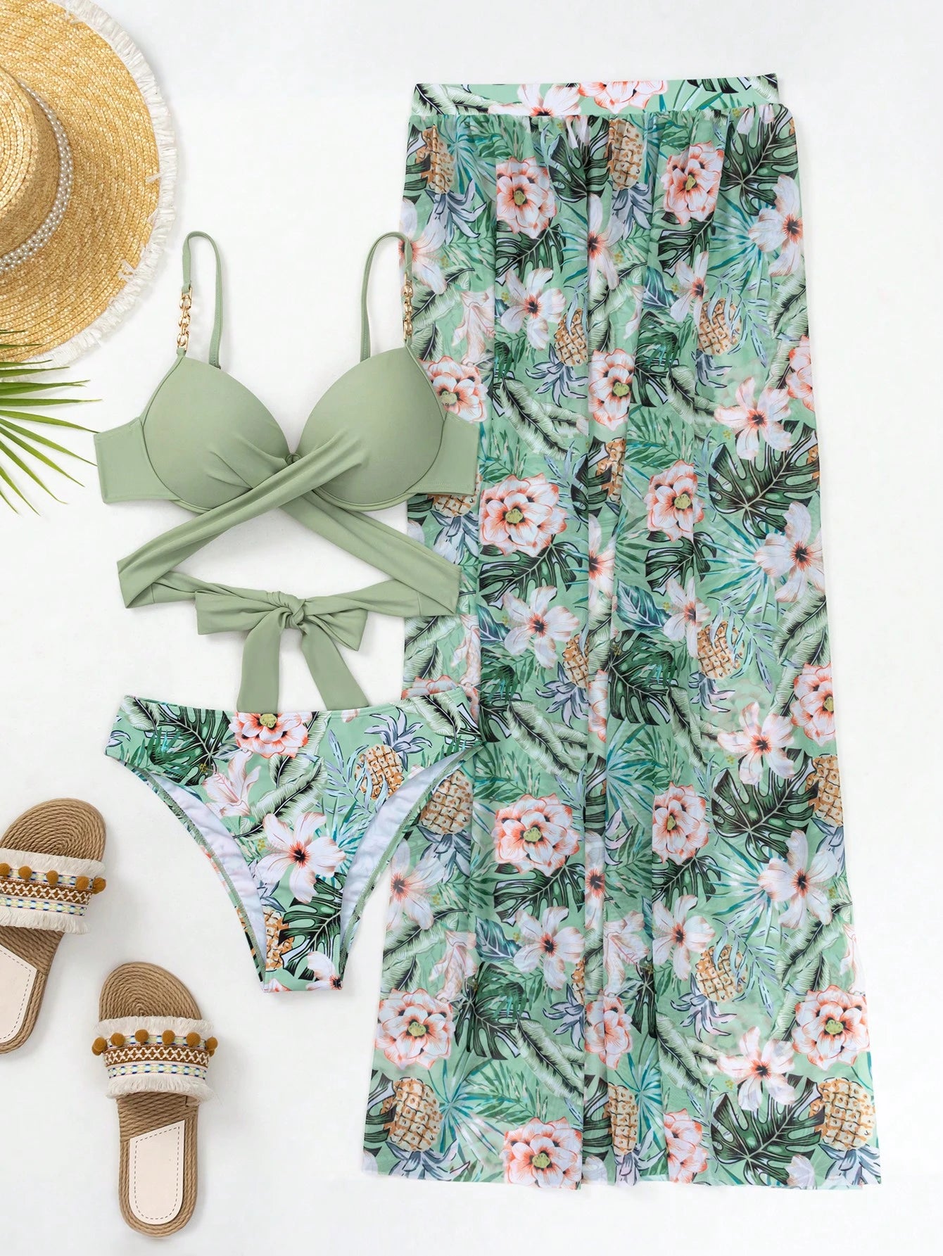 Swim Lushoire Maiô para Mulheres, Conjunto de Maiô Bikini com Estampa Tropical, Efeito Push Up, com Saia de Praia, Verão Praia