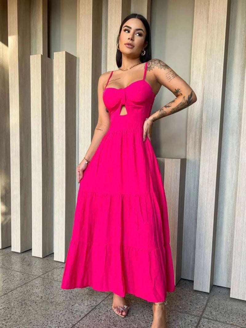 vestido longo femenino tres marias com babados