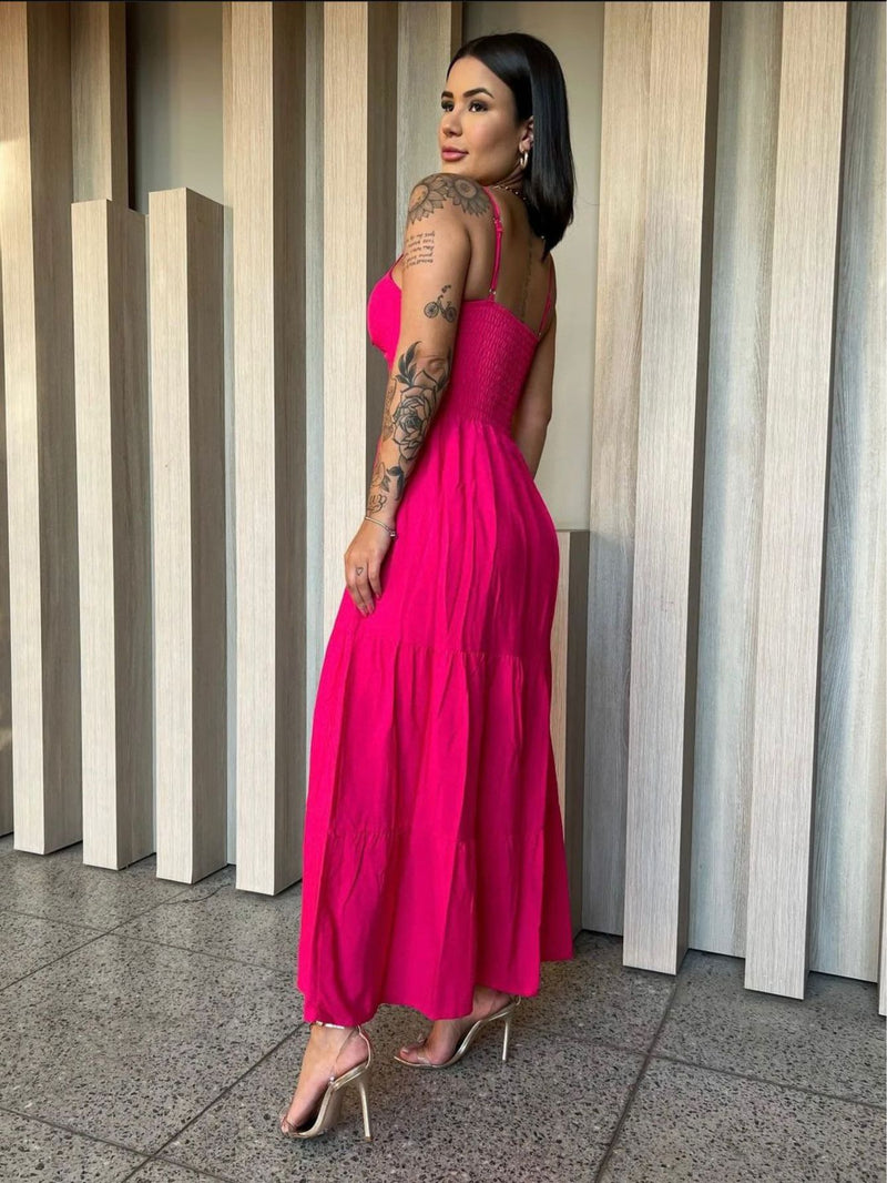 vestido longo femenino tres marias com babados
