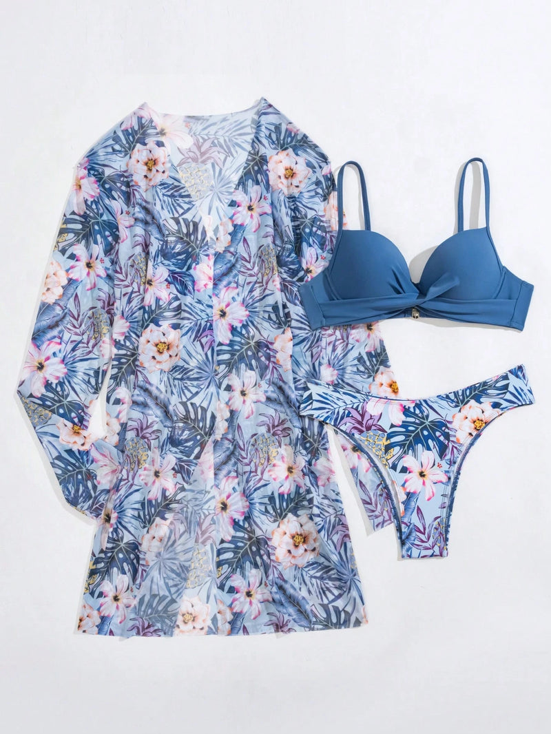 SHEIN Swim 3 conjuntos de Maiô Bikini Push Up com Estampa de Plantas e Kimono para o Verão na Praia