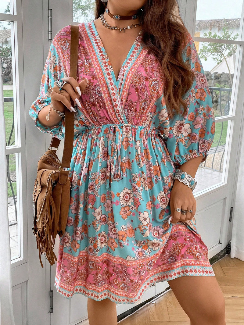 Breezaya Plus Impressão Floral Nó Frontal Vestido