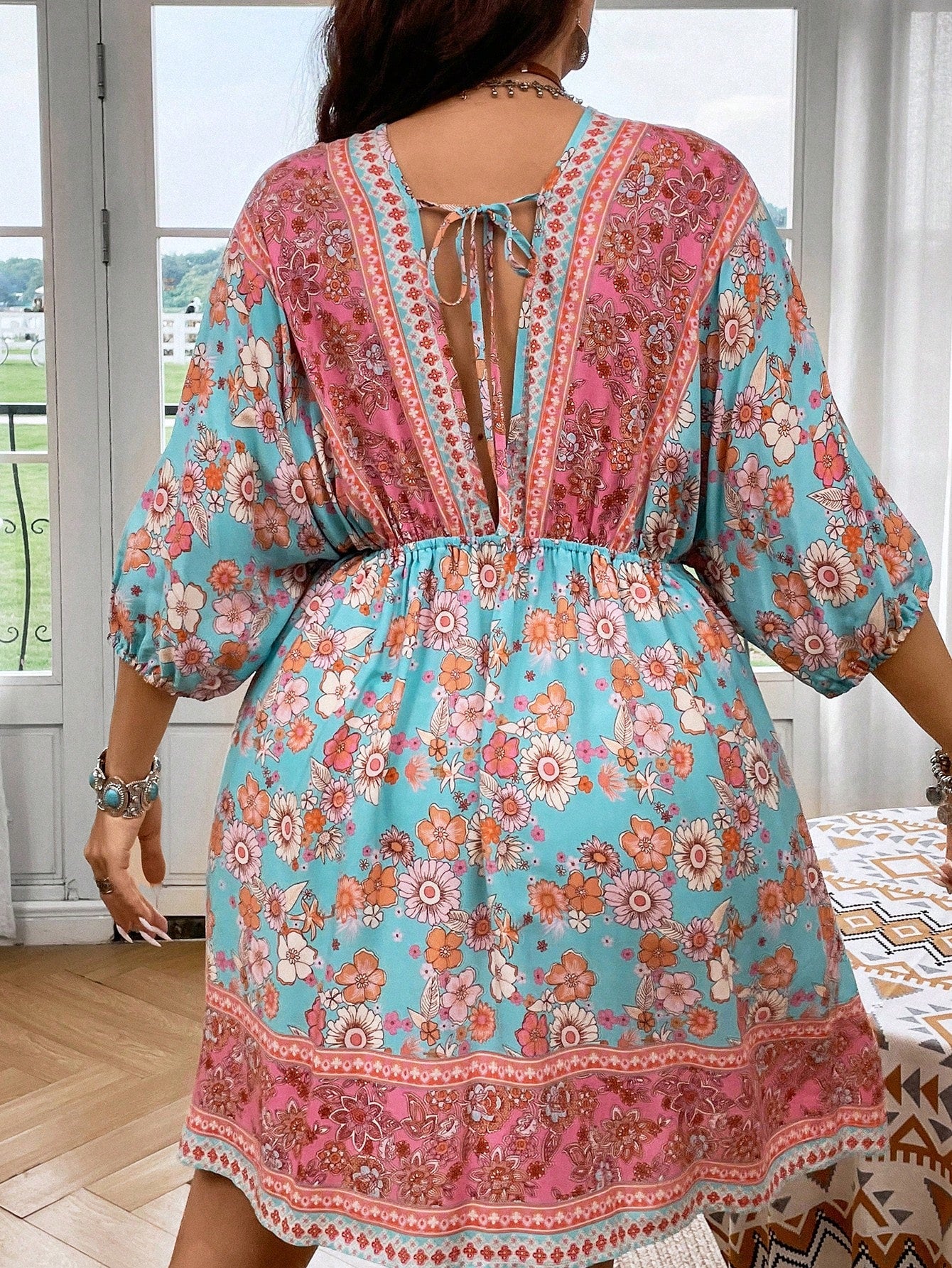 Breezaya Plus Impressão Floral Nó Frontal Vestido