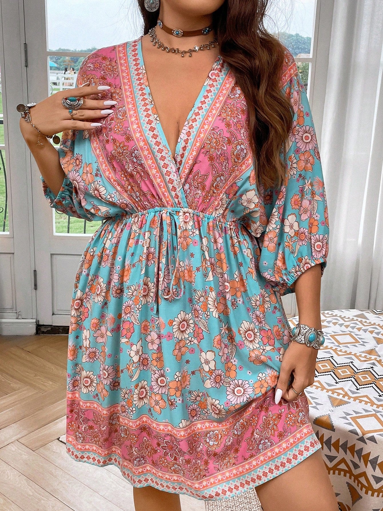 Breezaya Plus Impressão Floral Nó Frontal Vestido