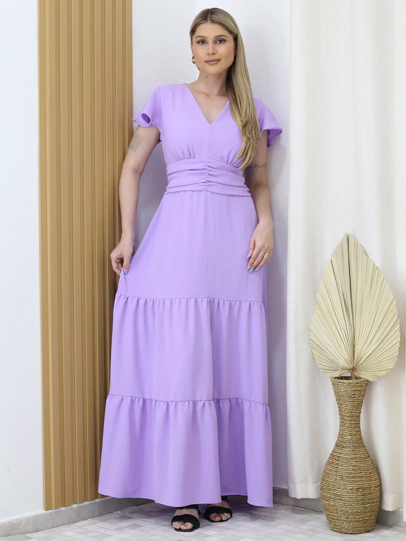 Vestido Amanda – Longo Verde Militar com Decote em V e Saia em Camadas