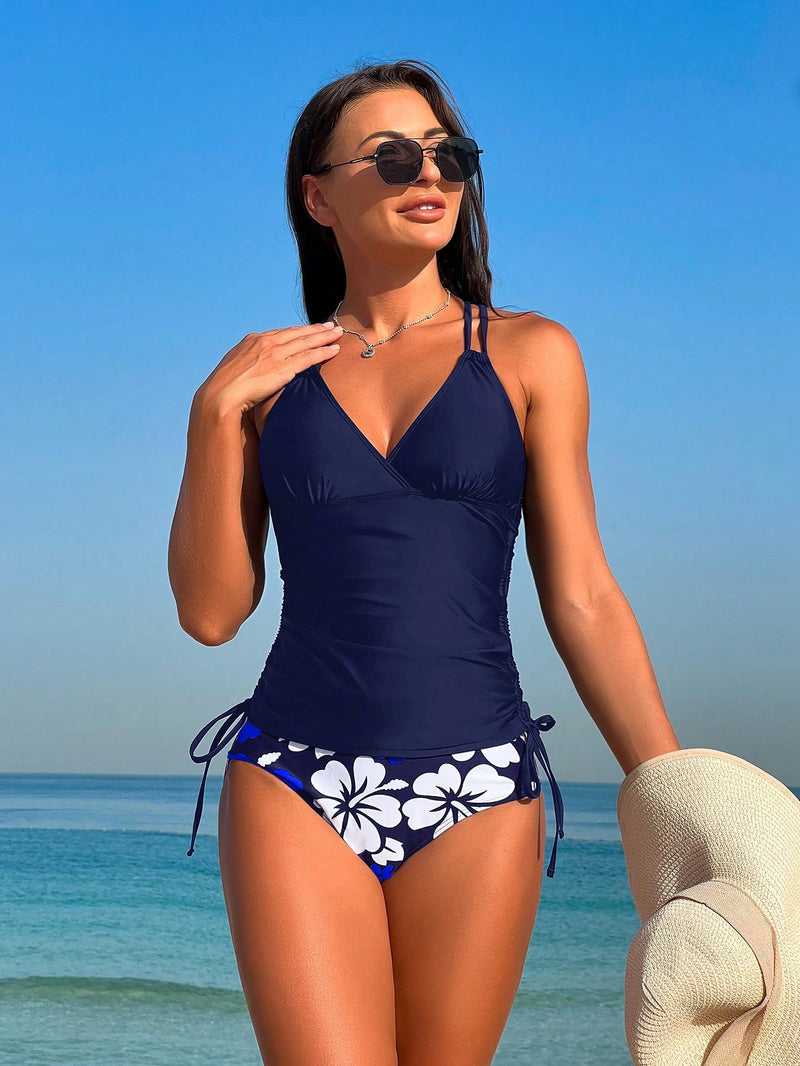 SHEIN Swim Maiô Bikini Tankini com Cordão Lateral e Estampa Floral de Praia de Verão para Mulheres