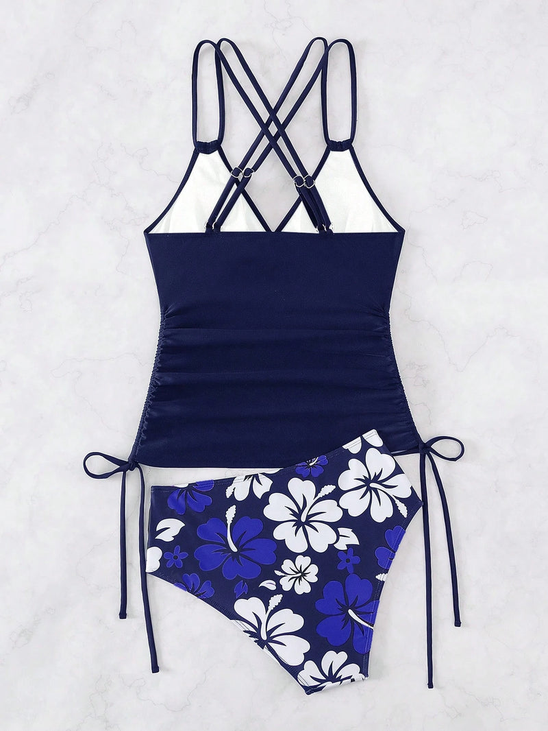 SHEIN Swim Maiô Bikini Tankini com Cordão Lateral e Estampa Floral de Praia de Verão para Mulheres