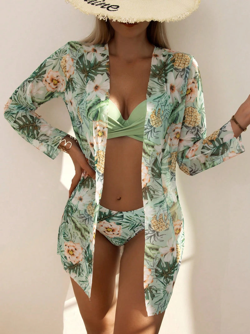 SHEIN Swim 3 conjuntos de Maiô Bikini Push Up com Estampa de Plantas e Kimono para o Verão na Praia