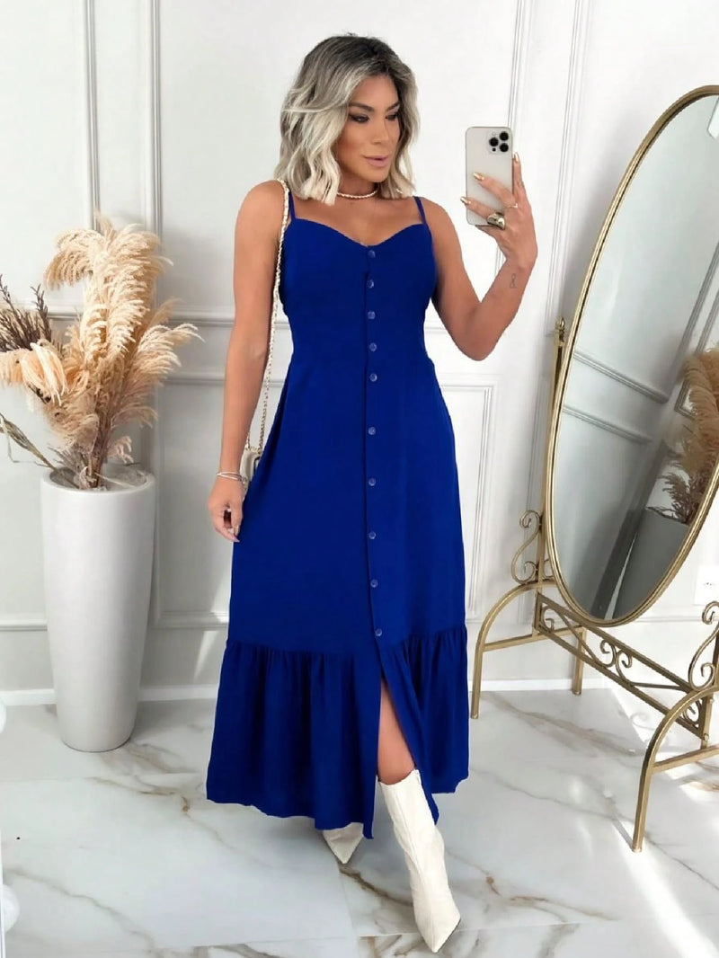 Vendedor Indicado
Vestido Longo Feminino Botão Na Frente Babado e Alça