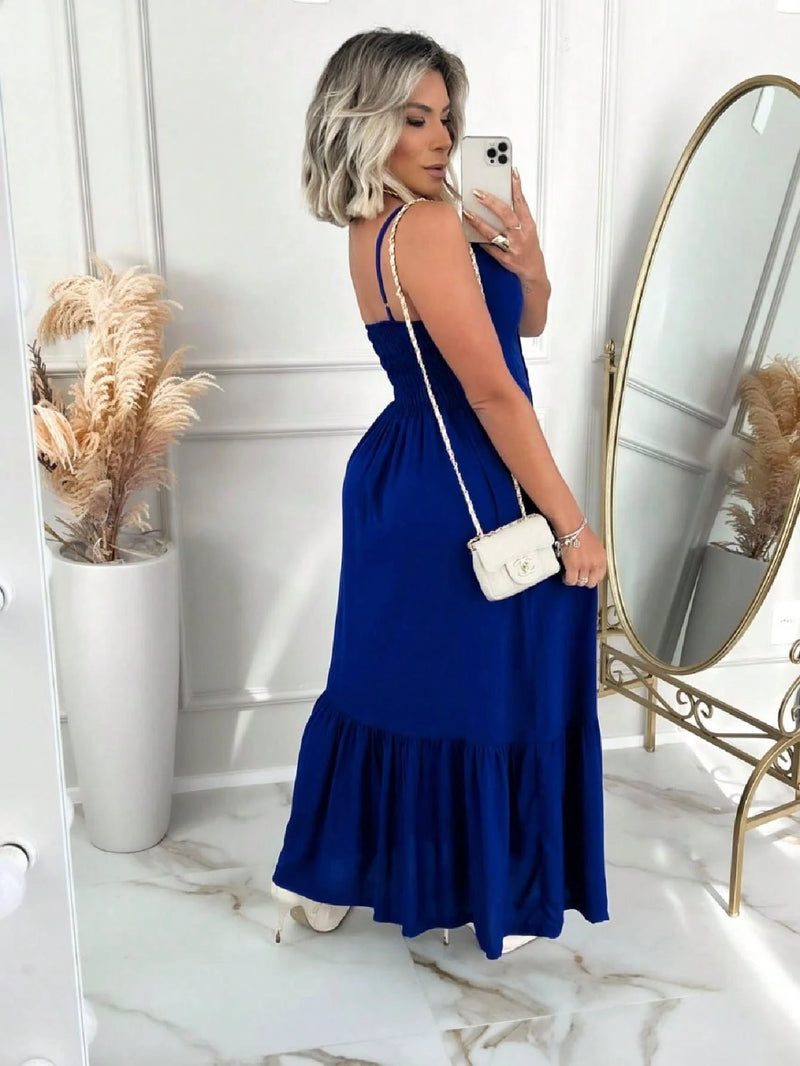 Vendedor Indicado
Vestido Longo Feminino Botão Na Frente Babado e Alça