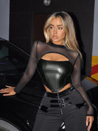 SHEIN ICON Camiseta de Manga Longa Ajustada com Gola Estand, Recorte Vazado e Splice em Malha Metálica Prateada