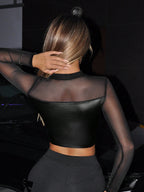 SHEIN ICON Camiseta de Manga Longa Ajustada com Gola Estand, Recorte Vazado e Splice em Malha Metálica Prateada