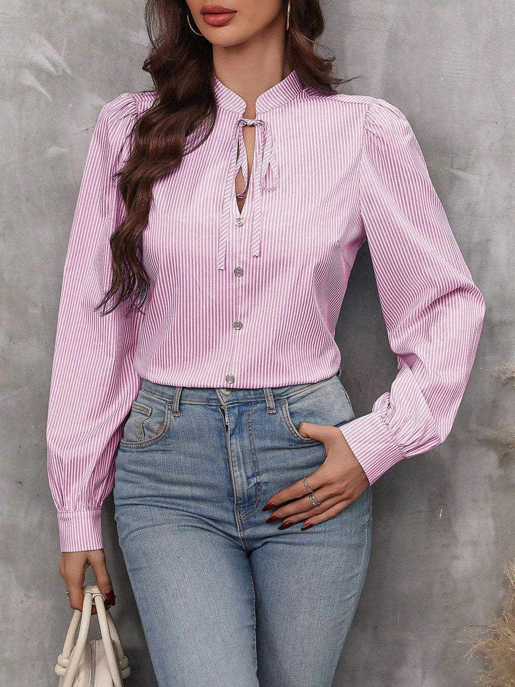SHEIN LUNE Blusa com Gola de Gravata, Manga Farol e Estampa Listrada, Blusas de Manga Longa
