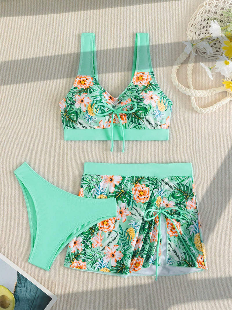 Swim Lushoire Conjunto de Bikini com cordão com estampa tropical de praia de verão e saia de praia