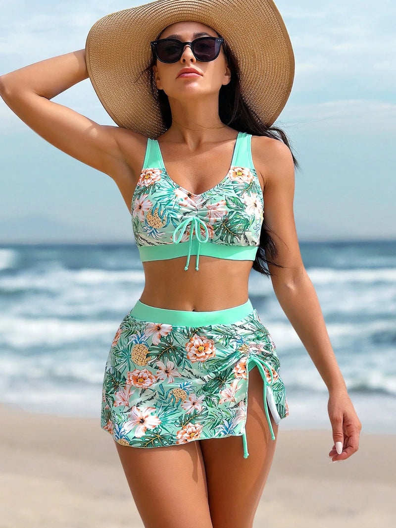 Swim Lushoire Conjunto de Bikini com cordão com estampa tropical de praia de verão e saia de praia