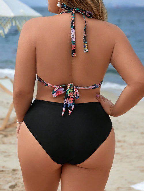 Swim Lushoire Conjunto De Biquíni Feminino Plus Size Com Estampa Floral E Gola Halter Com Amarração Na Parte Inferior Lateral