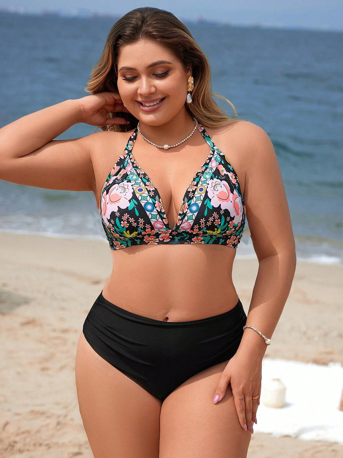 Swim Lushoire Conjunto De Biquíni Feminino Plus Size Com Estampa Floral E Gola Halter Com Amarração Na Parte Inferior Lateral