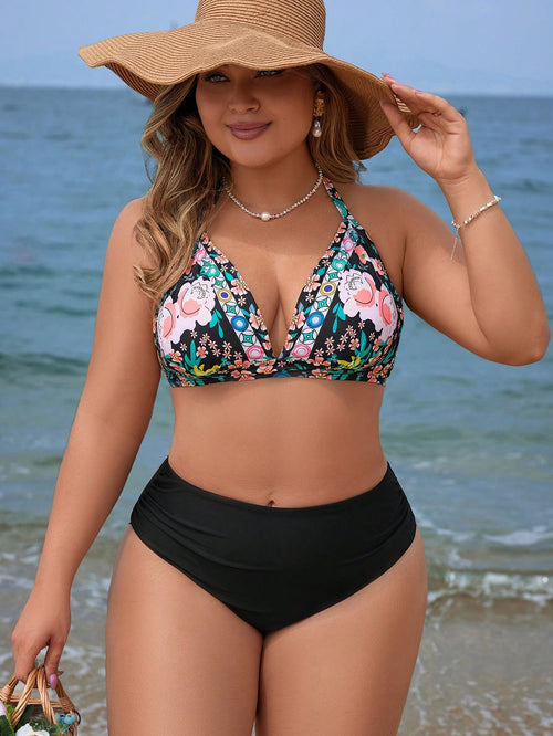 Swim Lushoire Conjunto De Biquíni Feminino Plus Size Com Estampa Floral E Gola Halter Com Amarração Na Parte Inferior Lateral