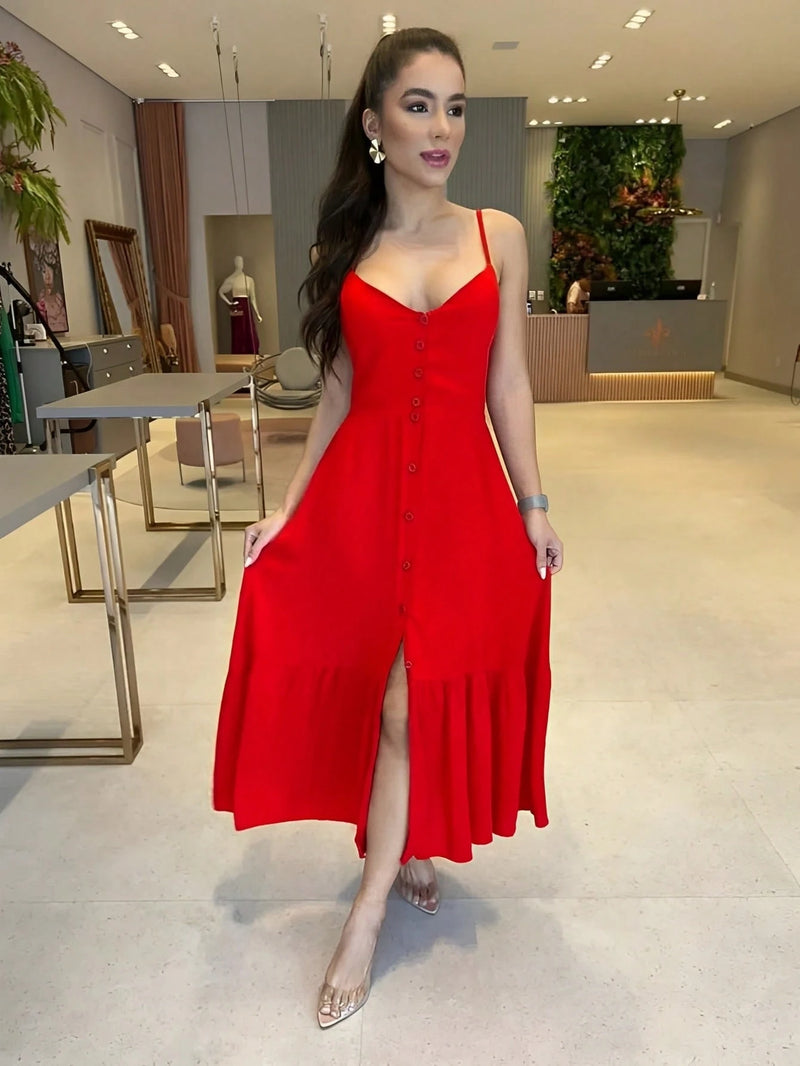 Vendedor Indicado
Vestido Longo Feminino Botão Na Frente Babado e Alça