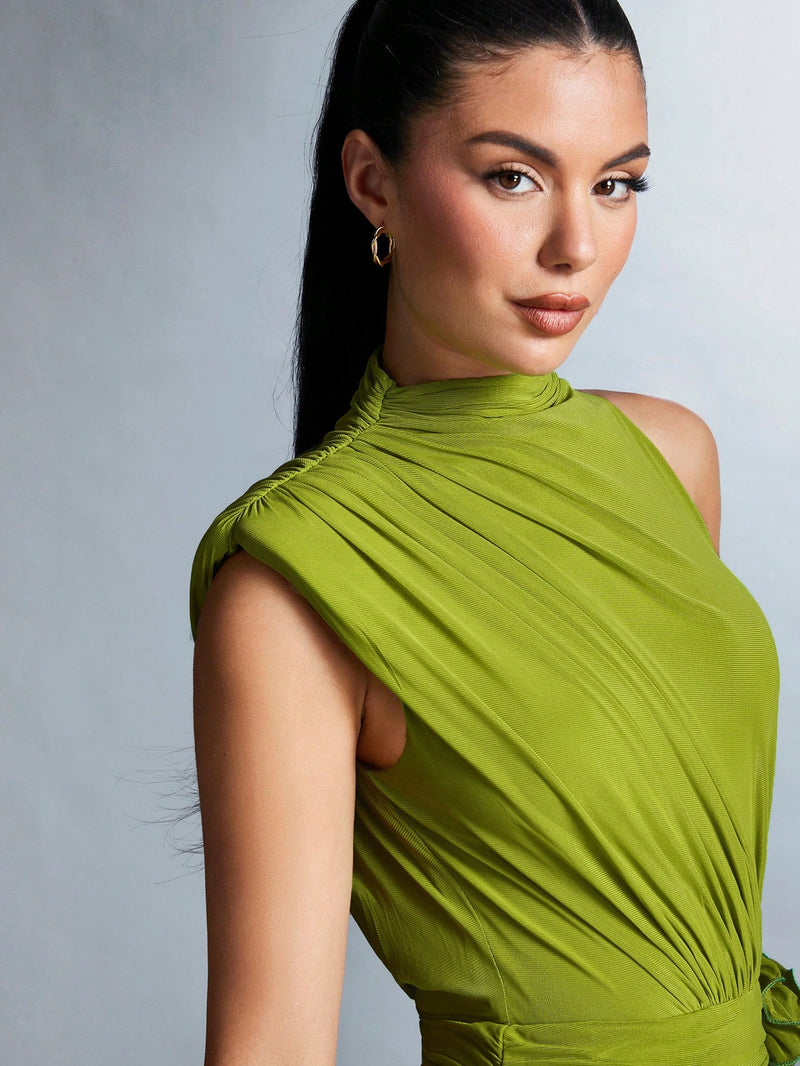 SHEIN BAE Vestido com Ombro Assimétrico, Franzido e Decorado com Flor 3D para Mulheres