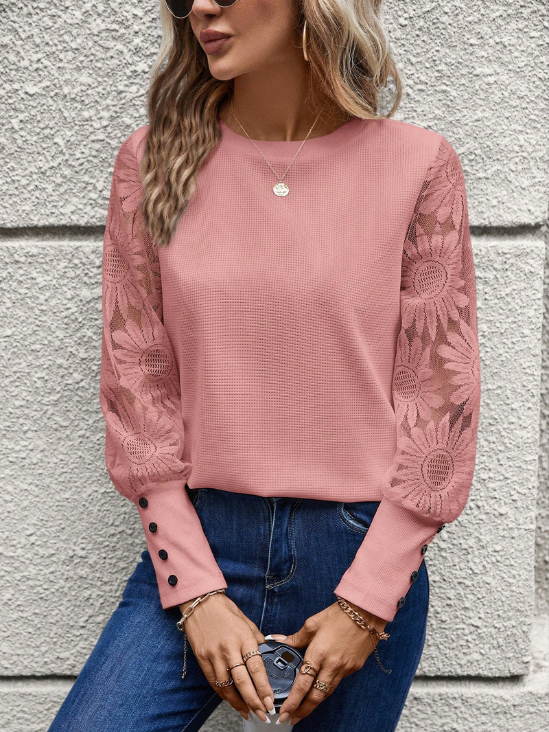 SHEIN LUNE Top Feminino Waffle Branco Com Mangas De Renda