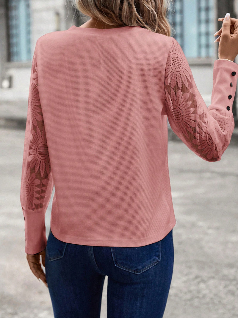 SHEIN LUNE Top Feminino Waffle Branco Com Mangas De Renda