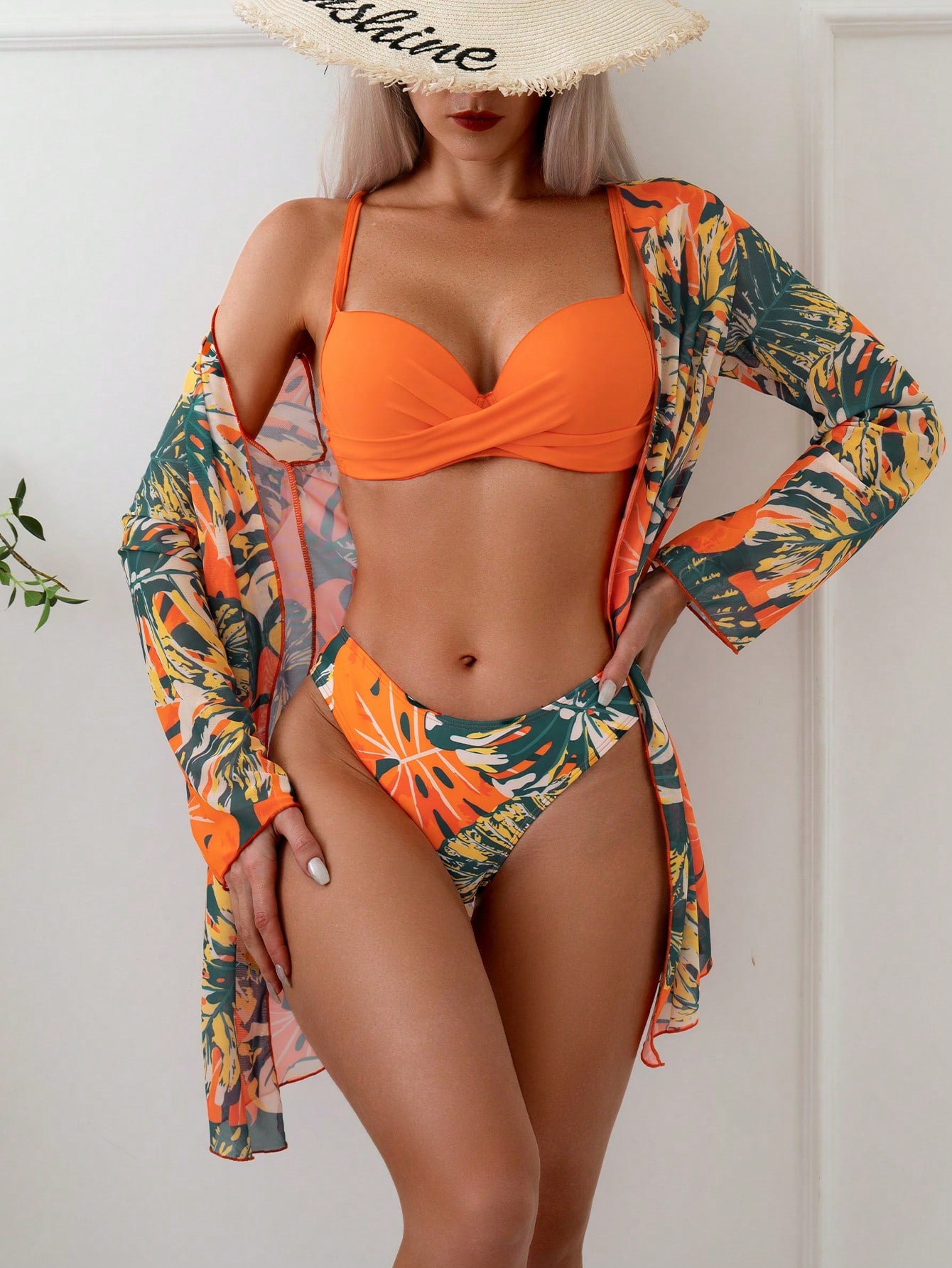 Swim Lushoire Conjunto de Maiô Bikini Tropical Estampa de Praia de Verão, Conjunto de Maiô Bikini de 3 Peças, Conjunto de Duas Peças para Férias, Conjunto de Roupa de Banho