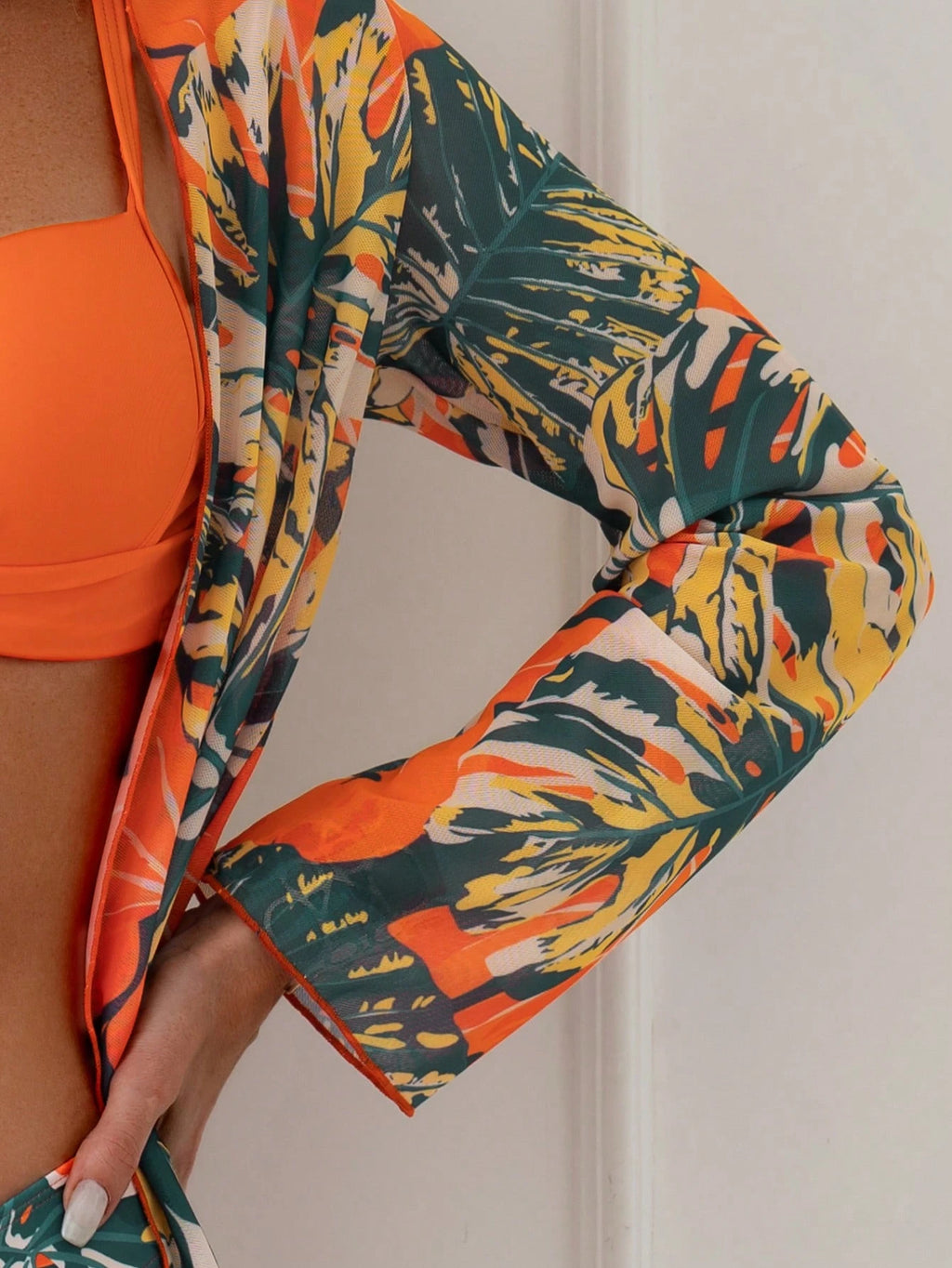 Swim Lushoire Conjunto de Maiô Bikini Tropical Estampa de Praia de Verão, Conjunto de Maiô Bikini de 3 Peças, Conjunto de Duas Peças para Férias, Conjunto de Roupa de Banho