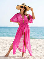 SHEIN Swim Quimono Feminino De Cintura Com Laço De Malha Sheer De Cor Sólida